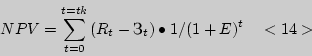 \begin{displaymath}
NPV = \sum\limits_{t = 0}^{t = tk} {(R_t - _t )\bullet 1} / (1 + E)^t \quad
< 14 >
\end{displaymath}