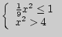 $ \left\{ {\begin{array}{l}
\frac{1}{9}x^2 \le 1 \\
x^2 > 4 \\
\end{array}} \right.$