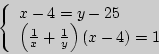\begin{displaymath}
\left\{
\begin{array}{l}
x-4 = y-25 \\
\left({1\over x }+{1\over y}\right)(x-4)=1
\end{array}\right.
\end{displaymath}