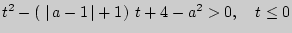 $ t^2 - \left( {{\kern 1pt} \left\vert { a - 1 } \right\vert + 1{\kern 1pt}
} \right) t + 4 - a^2 > 0,\quad t \le 0$