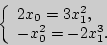 \begin{displaymath}
\left\{ {\begin{array}{l}
2x_0 = 3x_1^2 , \\
- x_0^2 = - 2x_1^3 . \\
\end{array}} \right.
\end{displaymath}