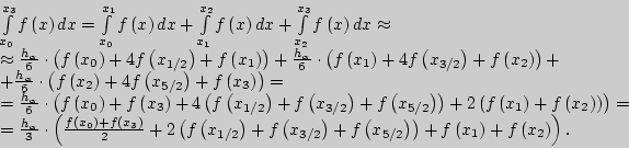 \begin{displaymath}
\begin{array}{l}
\int\limits_{x_0 }^{x_3 } {f\left( x \righ...
...1 } \right) +
f\left( {x_2 } \right)} \right). \\
\end{array}\end{displaymath}