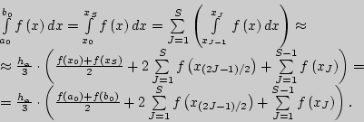 \begin{displaymath}
\begin{array}{l}
\int\limits_{a_0 }^{b_0 } {f\left( x \righ...
...1}^{S - 1}
{f\left( {x_J } \right)} } \right). \\
\end{array}\end{displaymath}