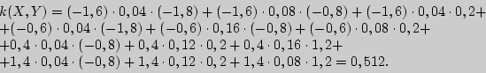 \begin{displaymath}
\begin{array}{l}
k(X,Y) = ( - 1,6) \cdot 0,04 \cdot ( - 1,8...
... \cdot 0,2 + 1,4
\cdot 0,08 \cdot 1,2 = 0,512. \\
\end{array}\end{displaymath}