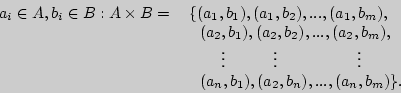 \begin{displaymath}

\begin{tabular}{ll}

$a_i \in A, b_i \in B: A\times B =$&$ \{...

..._n ,b_1 ), (a_2 ,b_n ), ..., (a_n ,b_m ) \}. $\\

\end{tabular}\end{displaymath}
