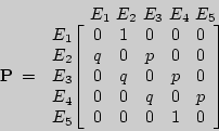 \begin{displaymath}

\begin{array}{@{\extracolsep{-5pt}}cccl}

&&& E_{1} E_{2} E...

... \\

0&0&q&0&p \\

0&0&0&1&0 \\

\end{array}\right]

\end{array}\end{displaymath}